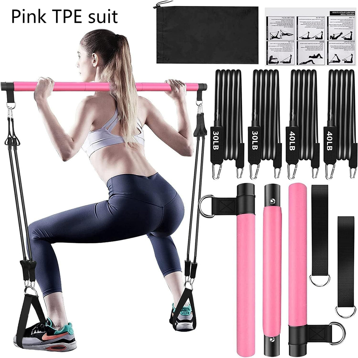 Pilates-Stange mit Widerstandsbändern – Rosa, TPE