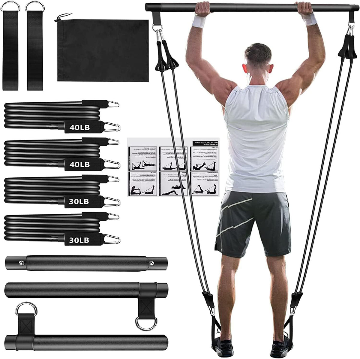 Pilates-Stange mit Widerstandsbändern – Schwarz, Latex