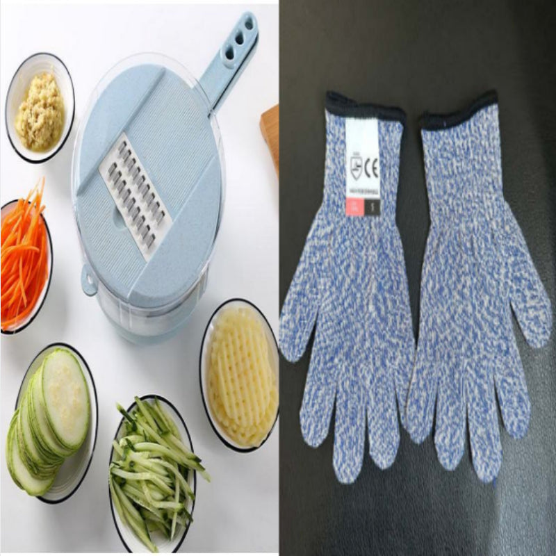Mandoline 8-en-1 avec passoire et protège-main – bleu, avec gants