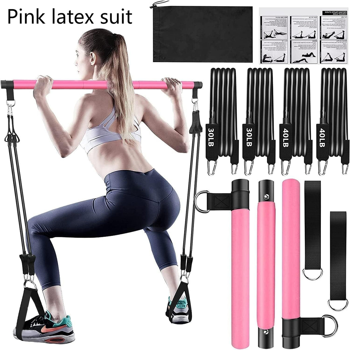 Pilates-Stange mit Widerstandsbändern – Rosa, Latex
